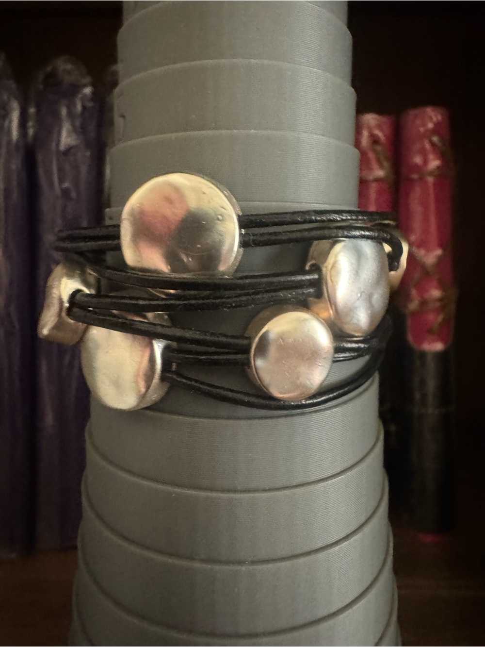 Black Leather Wrap Bracelet with Silver Disc Accents